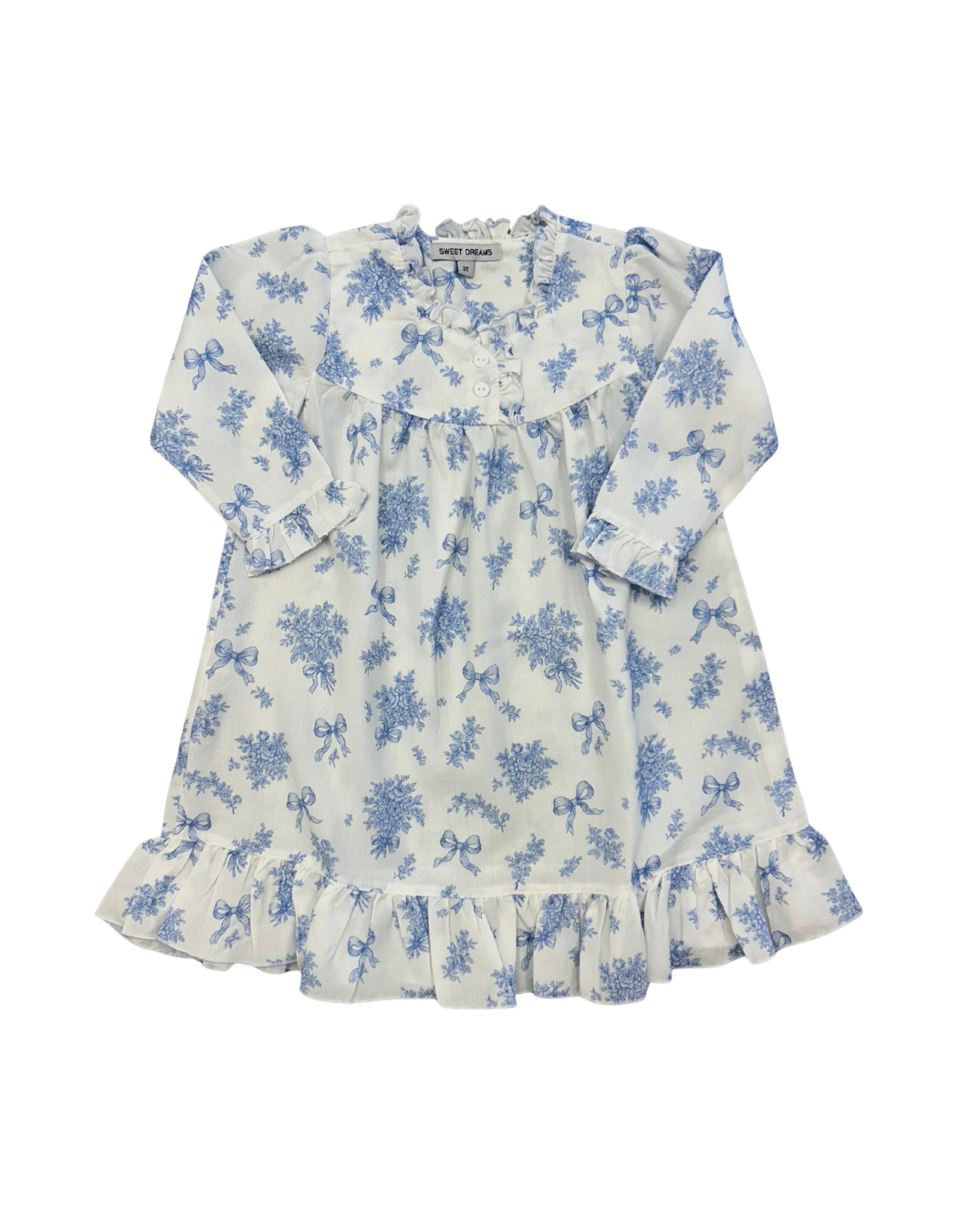 Sweet Dreams Evie Blue Floral & Bow Print White Gown