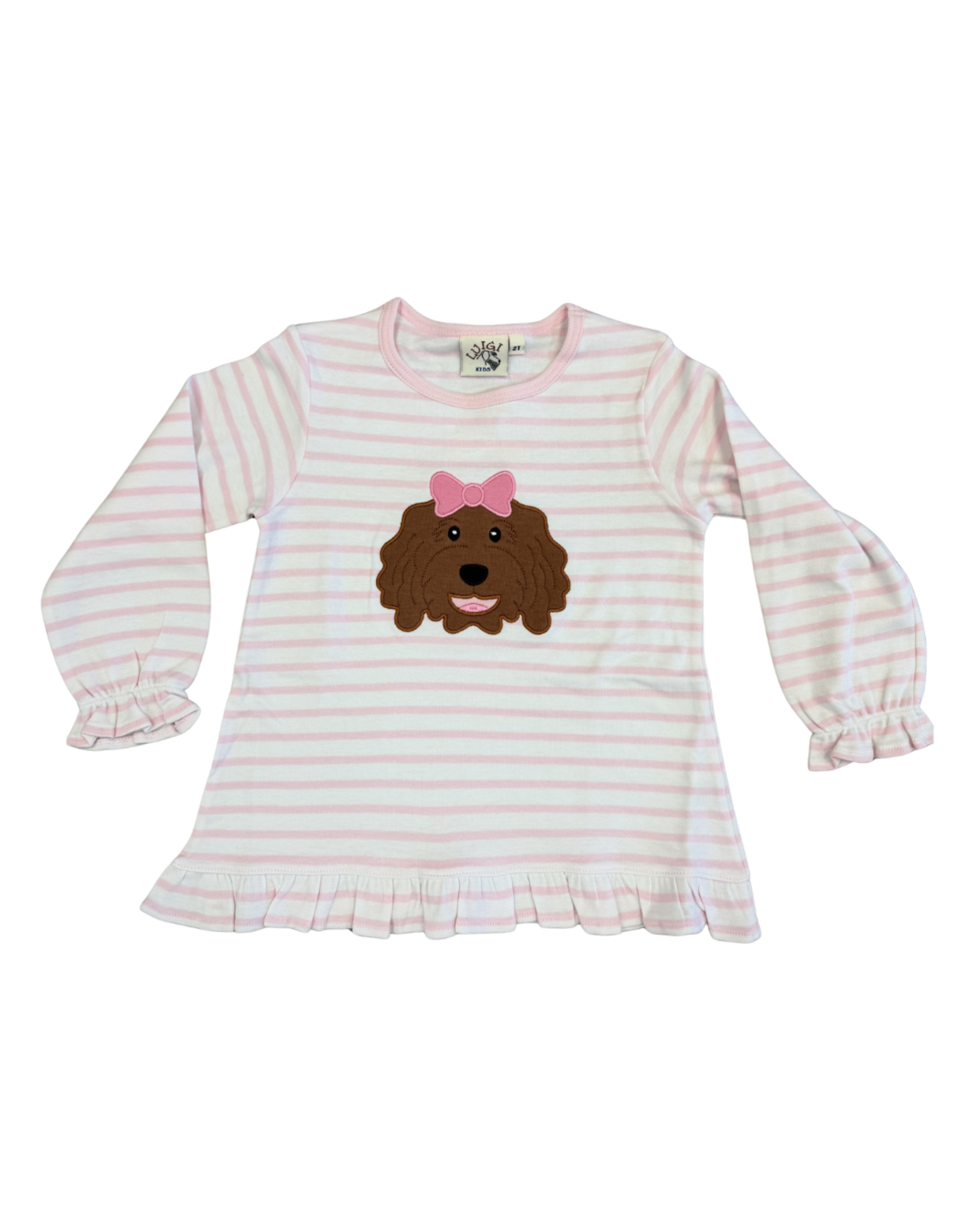 Luigi White/Pink Stripe LS Girl Ruffle Tee, Doodle