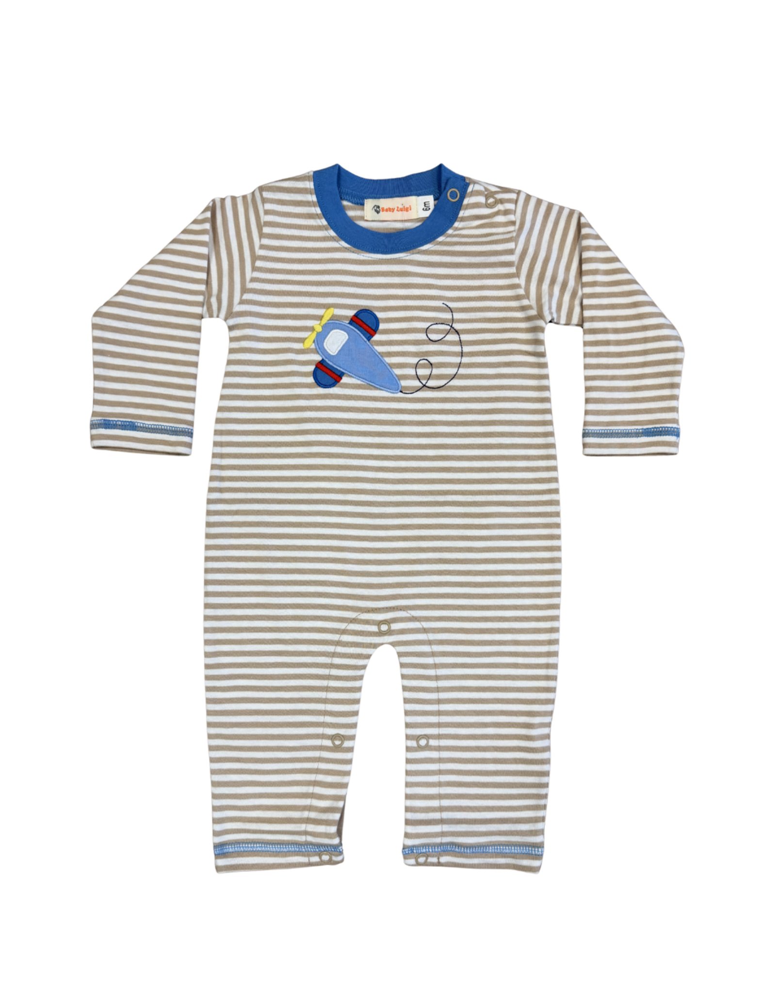 Luigi White/Tan Stripe LS Romper, Airplanes