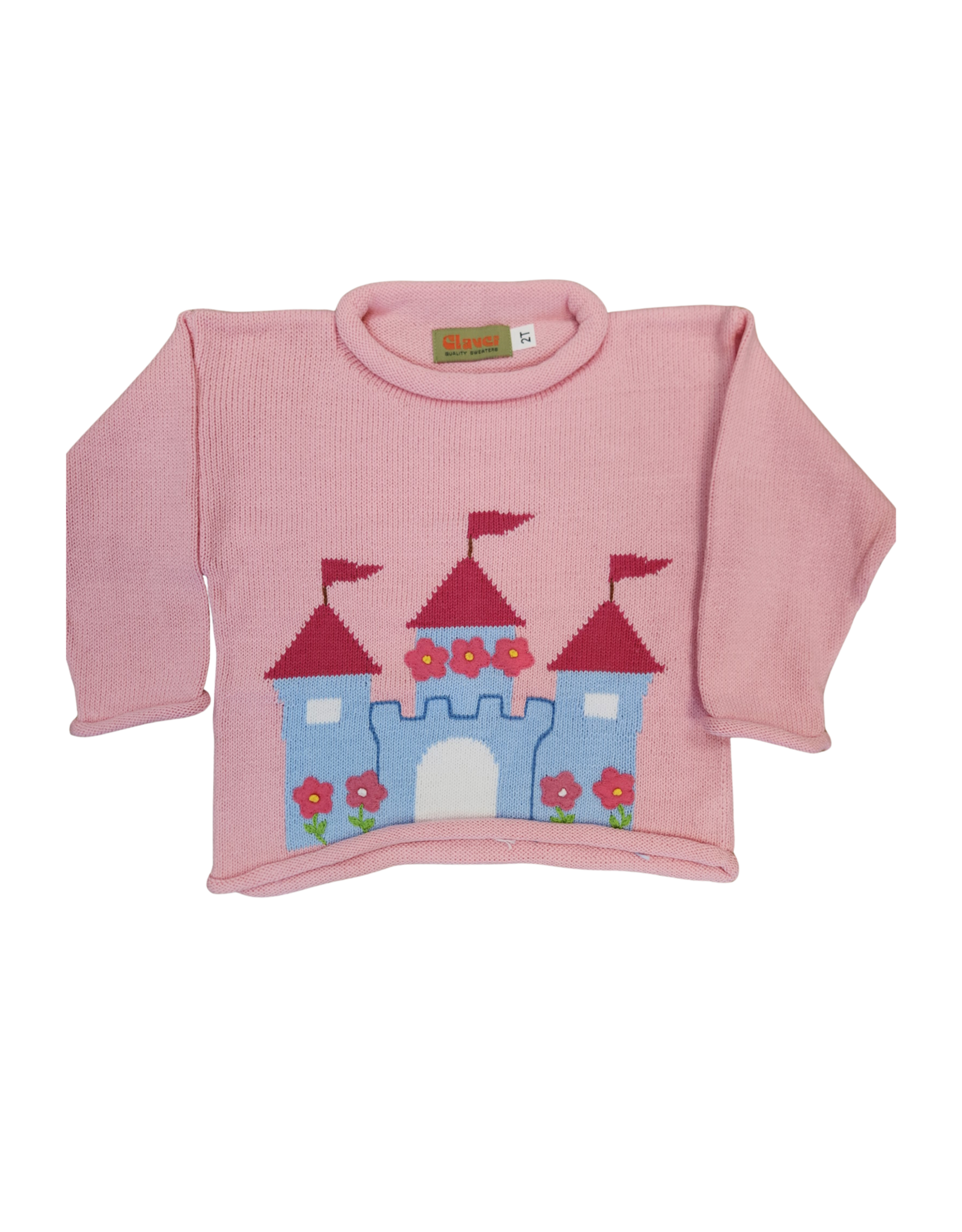 Luigi Light Pink Rolled Neck Sweater, Castle with Flowers