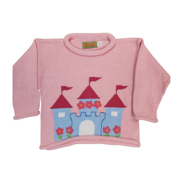 Luigi Light Pink Rolled Neck Sweater, Castle with Flowers