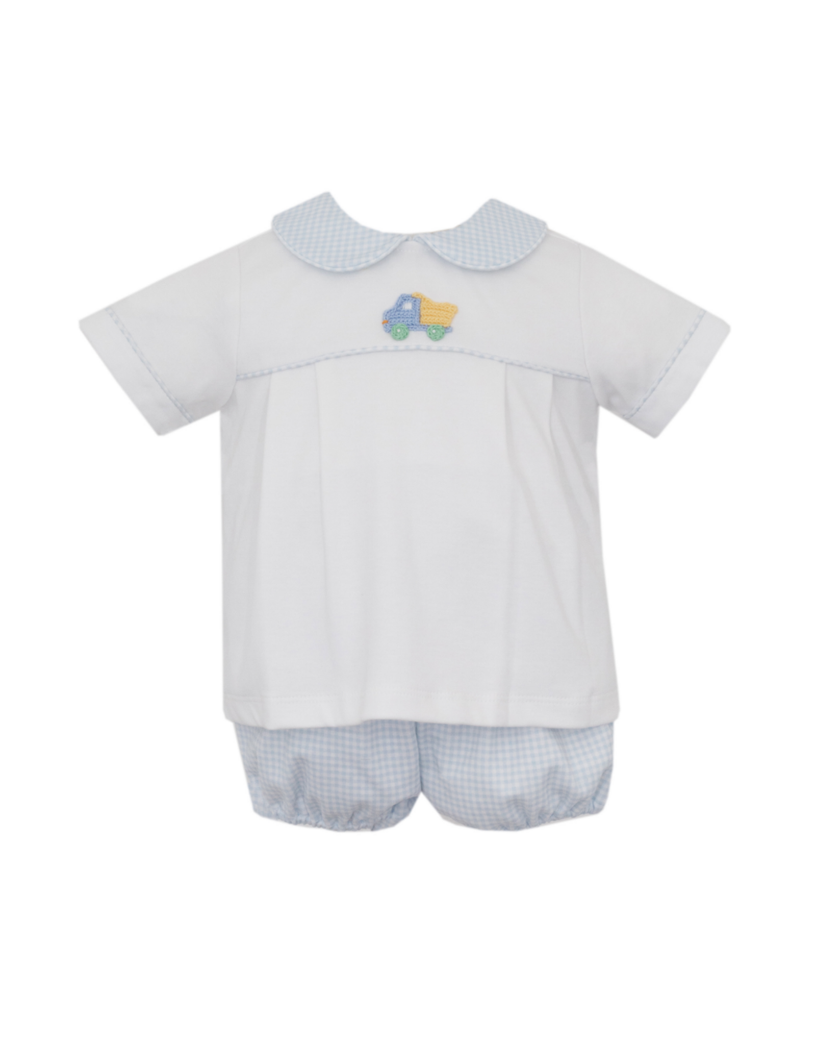 Petit Bebe Dump Truck Lt Blue Knit Gingham Diaper Set
