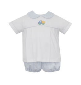Petit Bebe Dump Truck Lt Blue Knit Gingham Diaper Set