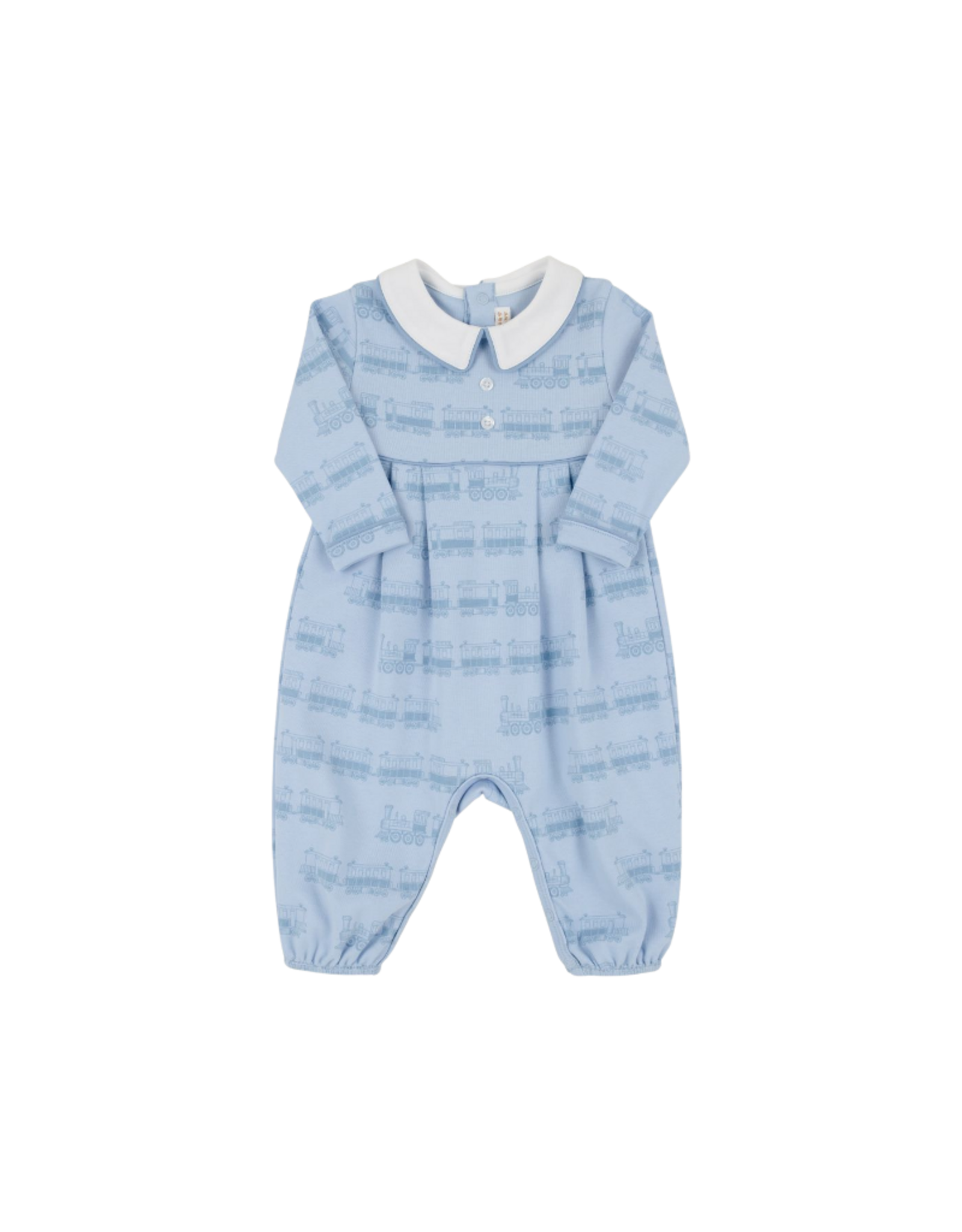 The Beaufort Bonnet Company LS Bradford Romper, Blue Choo Choos