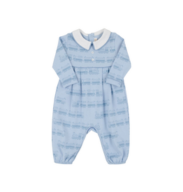 The Beaufort Bonnet Company LS Bradford Romper, Blue Choo Choos
