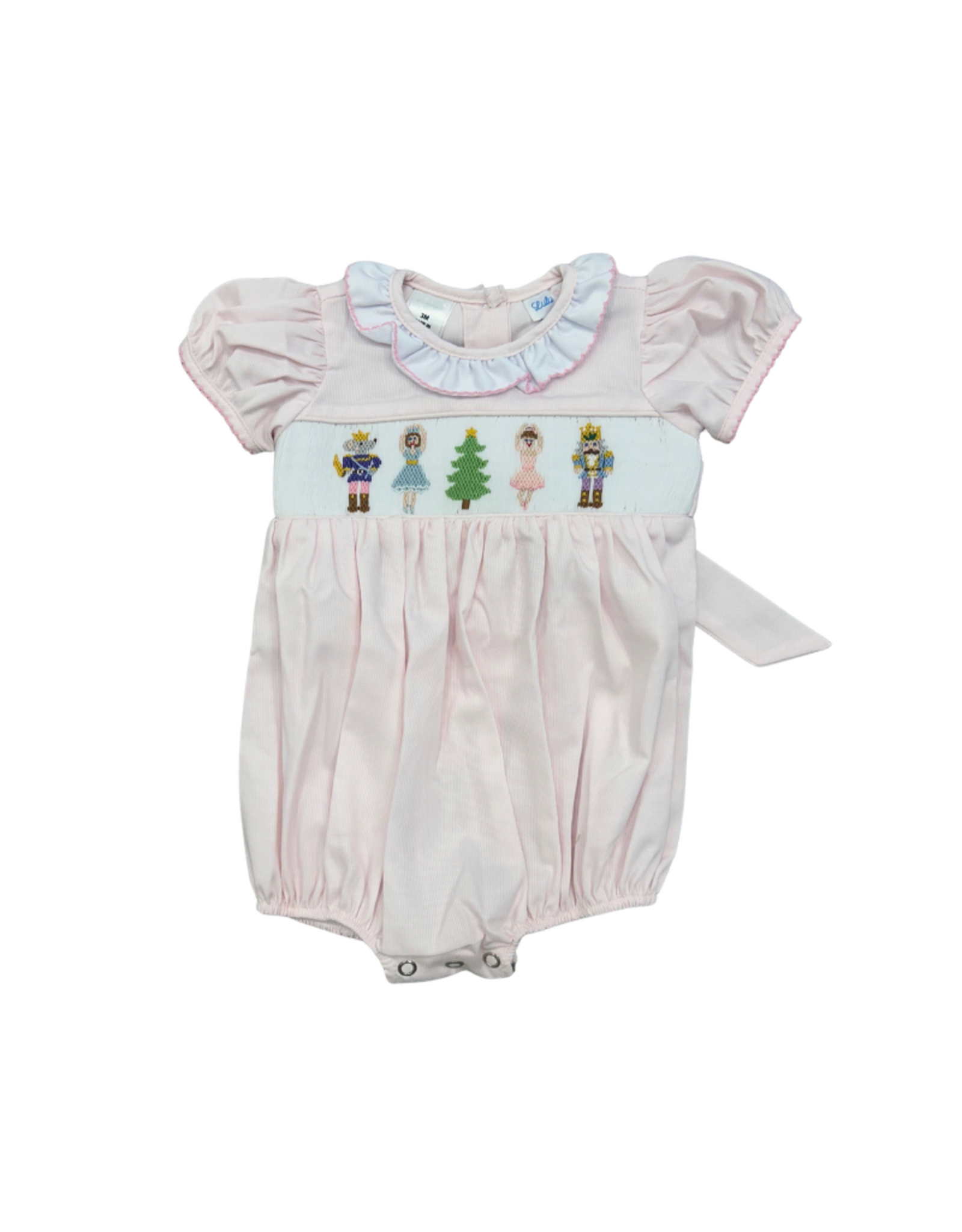 Lulu Bebe LLC Pink Nutcracker Smocked Bubble w/ Ruffle Collar
