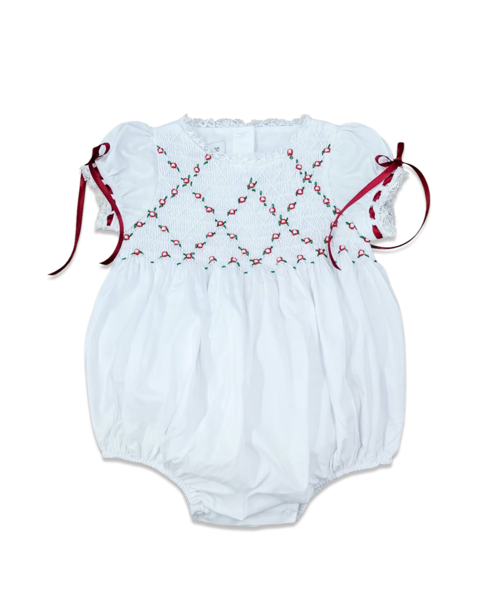 Percy & Tyne Heirloom Smocked Bubble, White w/ Red & Green