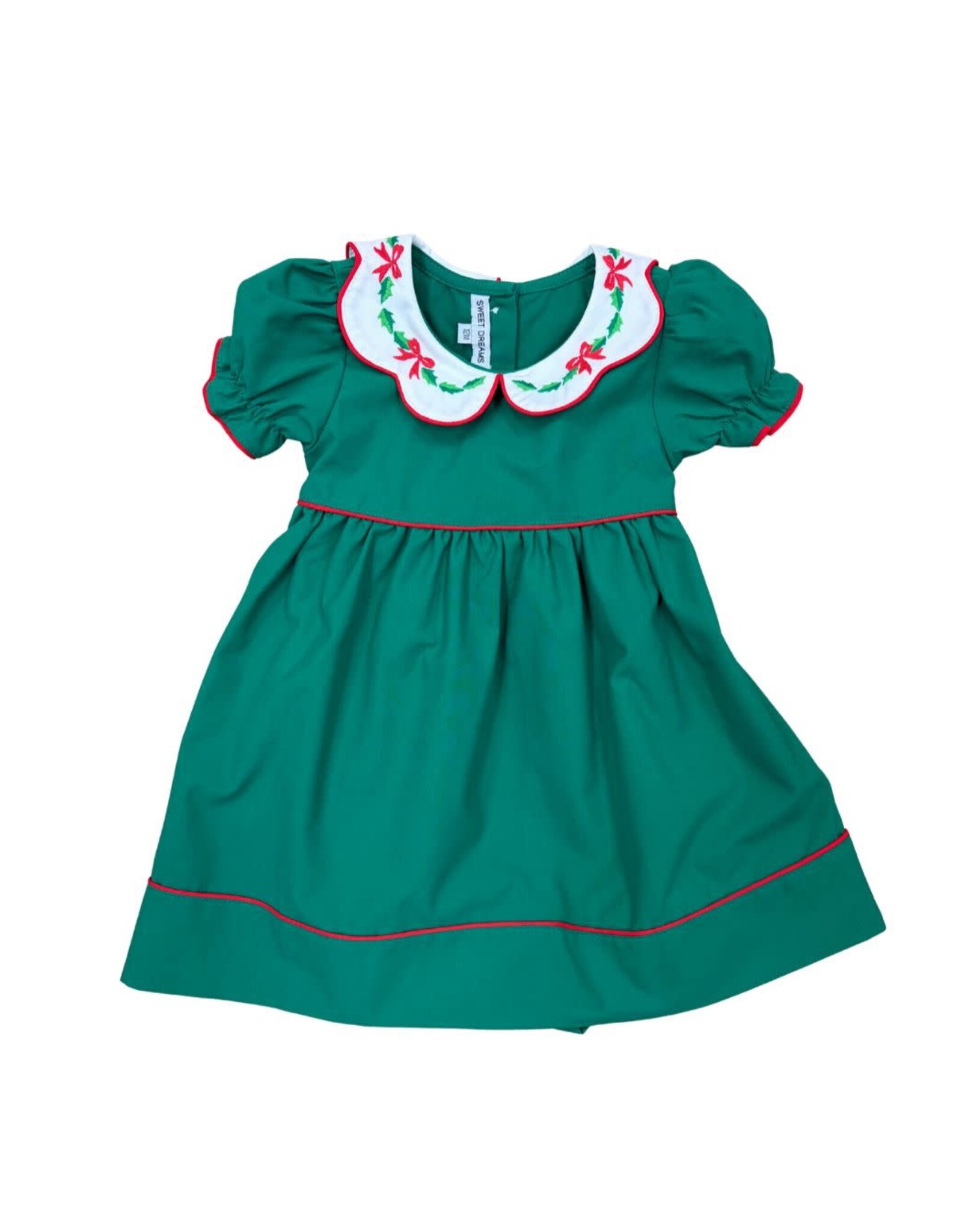 Sweet Dreams Bow & Holly Emb Scallop Collar Hunter Green Dress