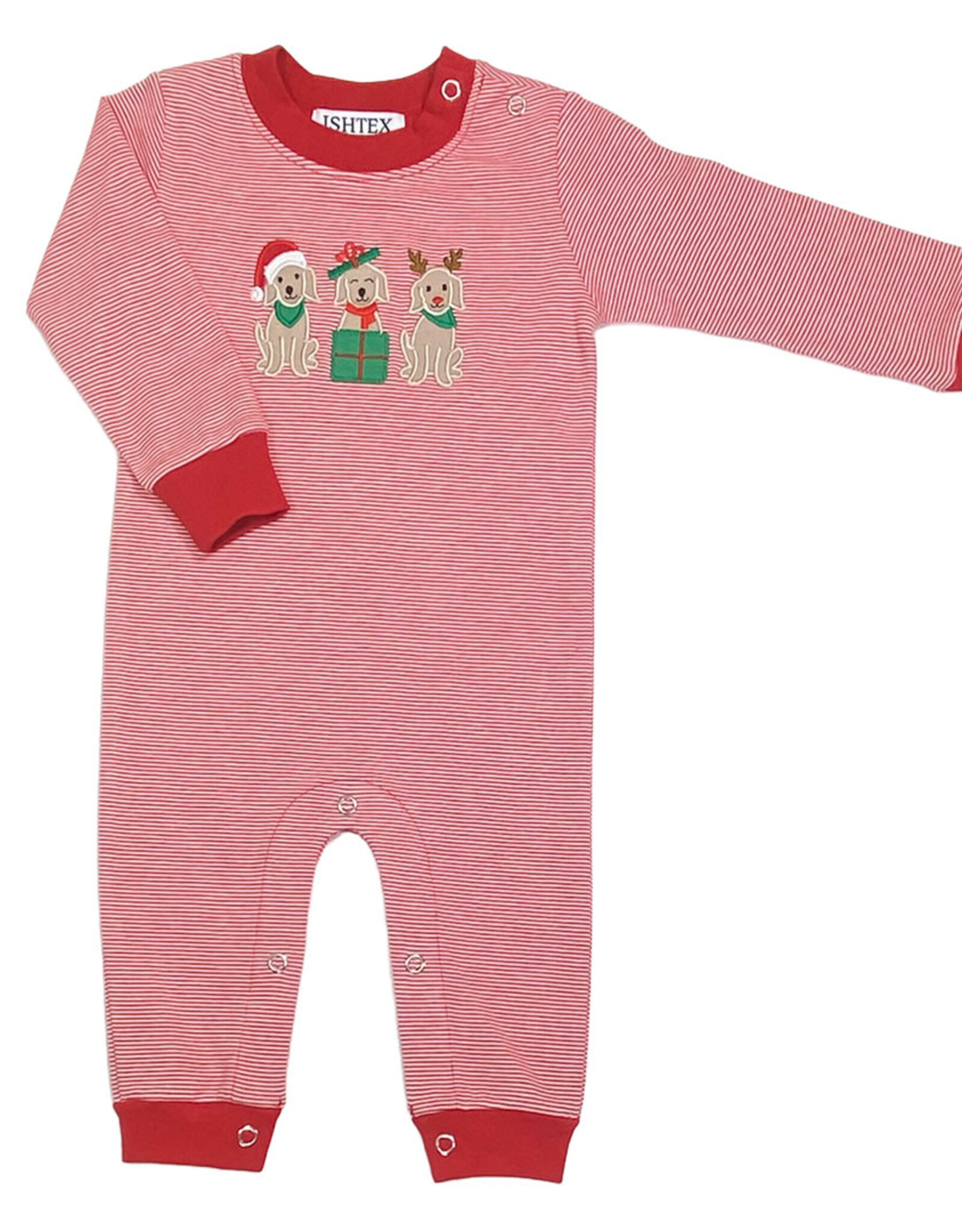 Ishtex Red Stripe Christmas Dog Trio Applique Romper
