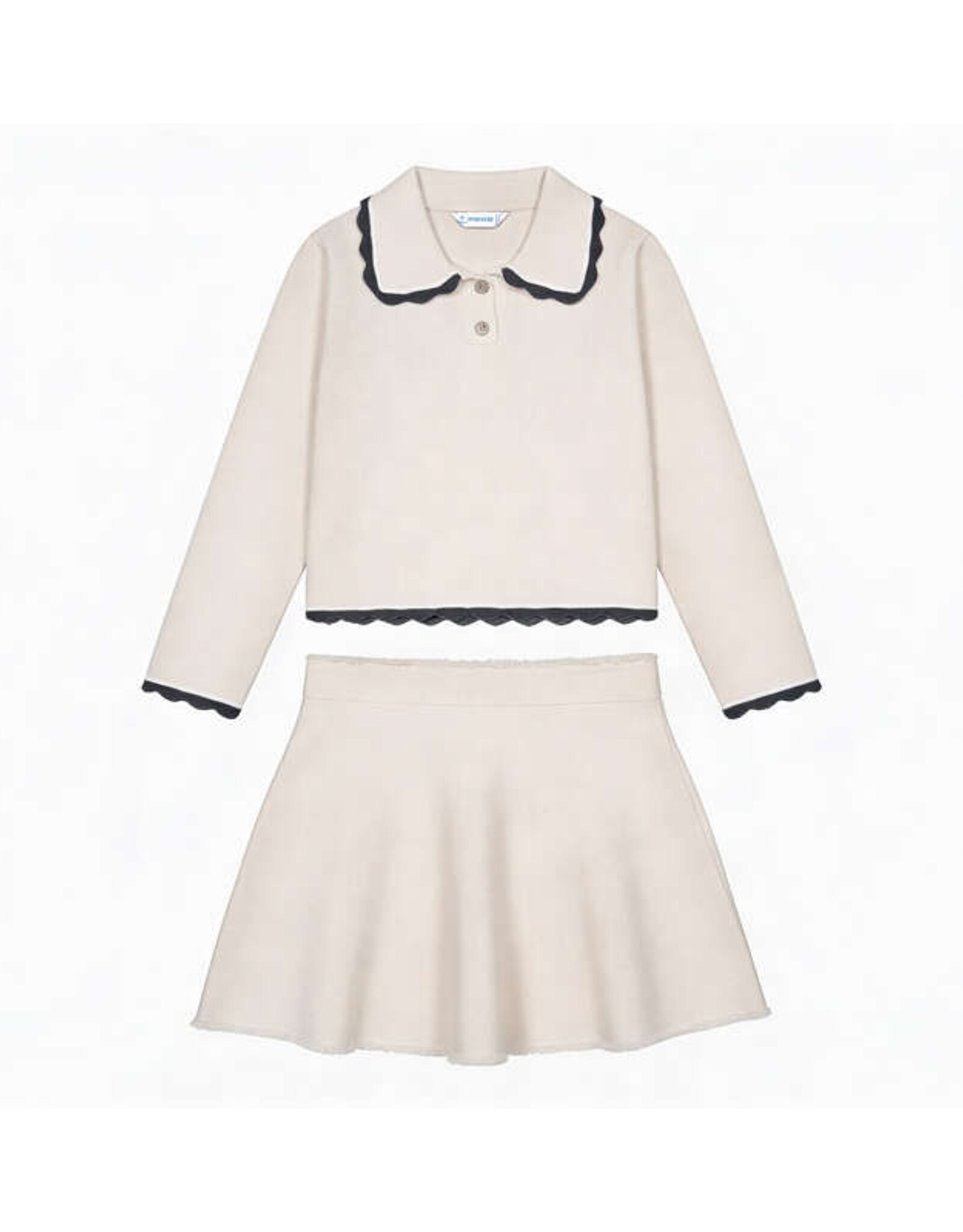 Mayoral Tricot Skirt Set, Cream w/ Black Trim