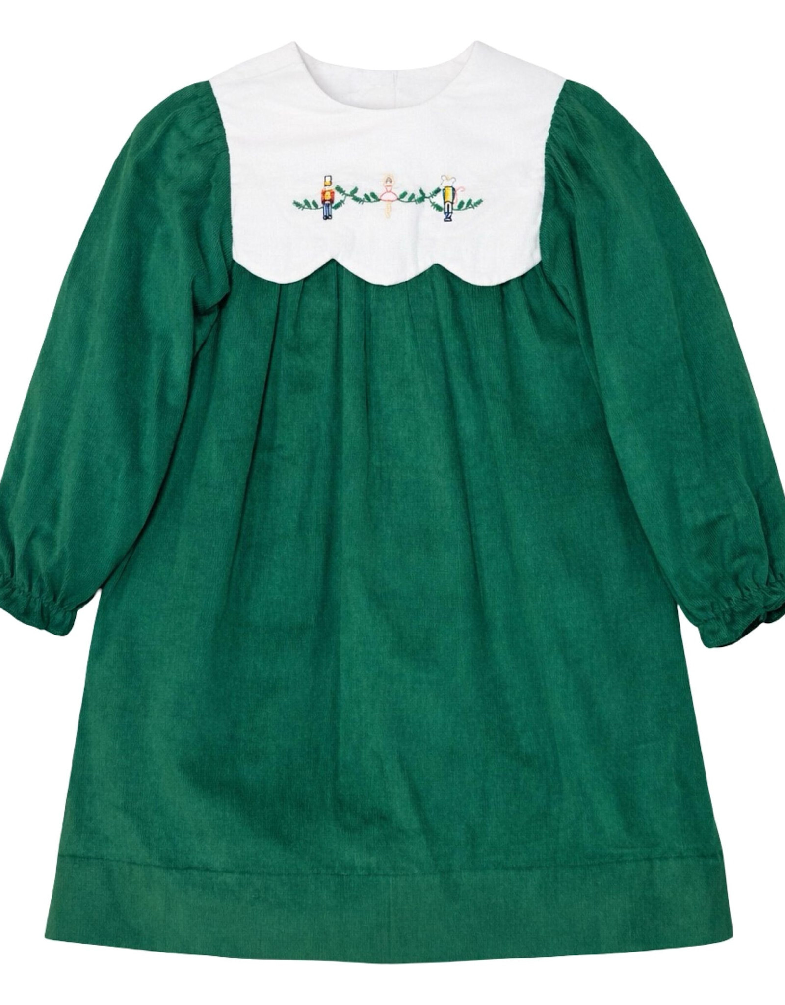 Krewe Kids Lucy LS Scallop Dress, Green Cord Christmas Tartan