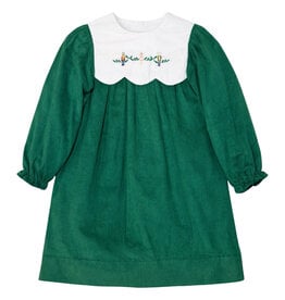 Krewe Kids Lucy LS Scallop Dress, Green Cord Christmas Tartan