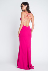 Deep V Spaghetti Strap Cross back Fuchsia Gown