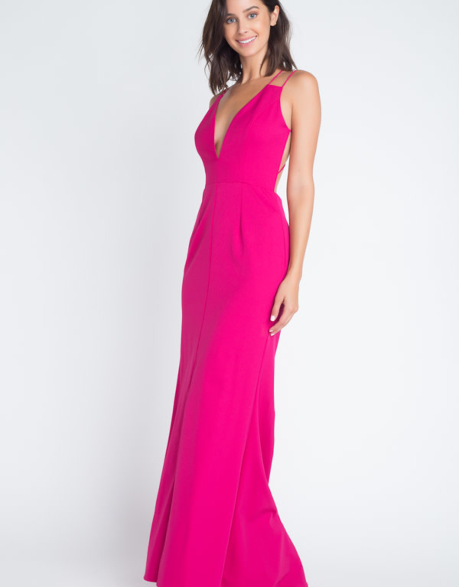 Deep V Spaghetti Strap Cross back Fuchsia Gown