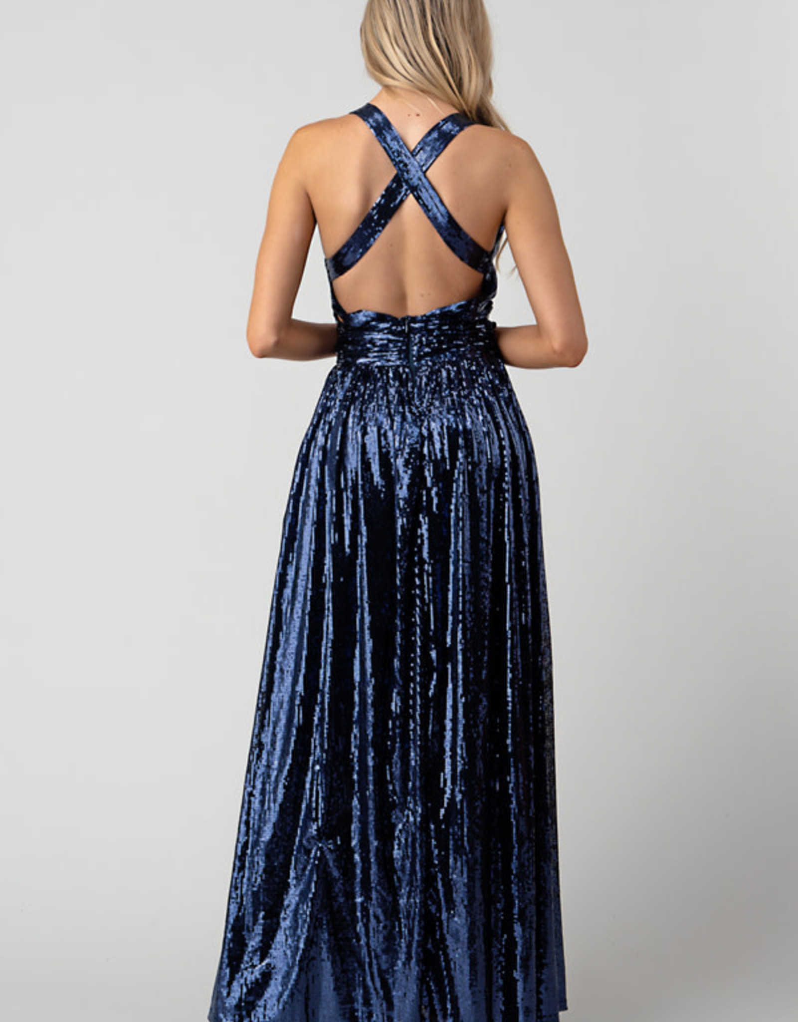 Navy Plunge Sequin Gown