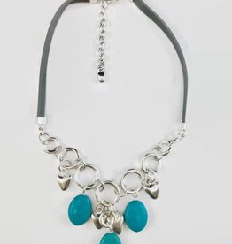 Turquoise Stone Silver Hearts Necklace