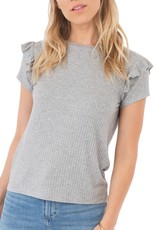 Rag Poets Ribbed Short Sleeve Ruffle  H Grey