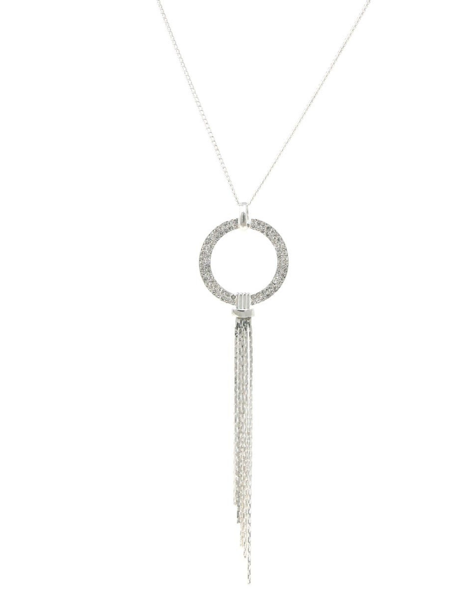 Rhinestone Pave Hoop Chain Fringe Pendant Long Necklace - Silver