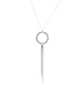 Rhinestone Pave Hoop Chain Fringe Pendant Long Necklace - Silver