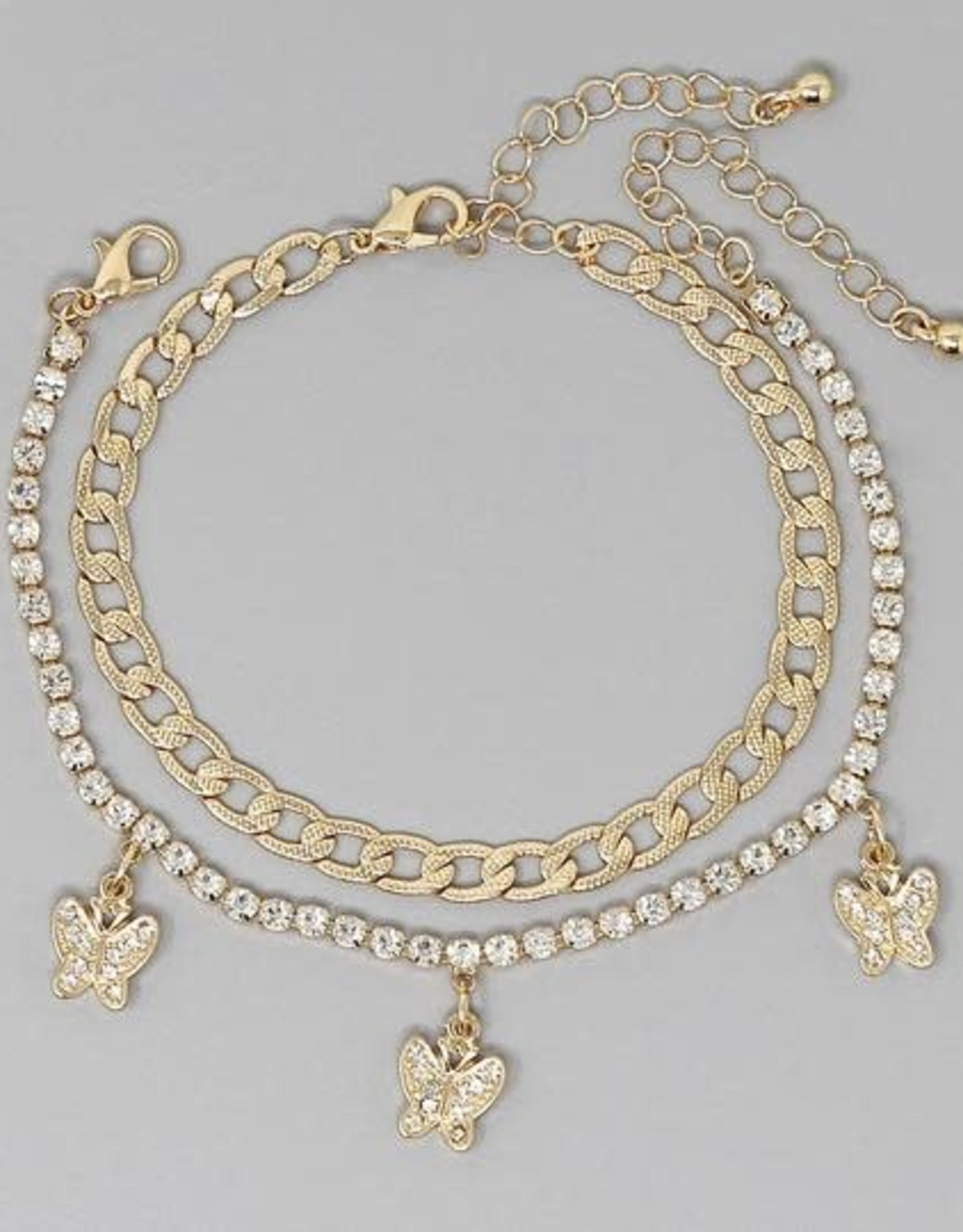 Rhinestone Pave Butterfly Charm / Curb Chain Bracelet Set