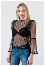 Laced Top with Bell Sleeve & Pearl Detail Black