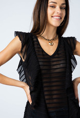 Mesh Stripe Ruffled V-Neck