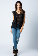 Mesh Stripe Ruffled V-Neck