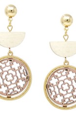 Wooden Half Disc & Leather Cutout Circle Drop Earrings - Worn Gold/Blush