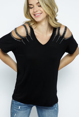 Short Sleeve with  Laser Cut and Rhinestone Shoulder