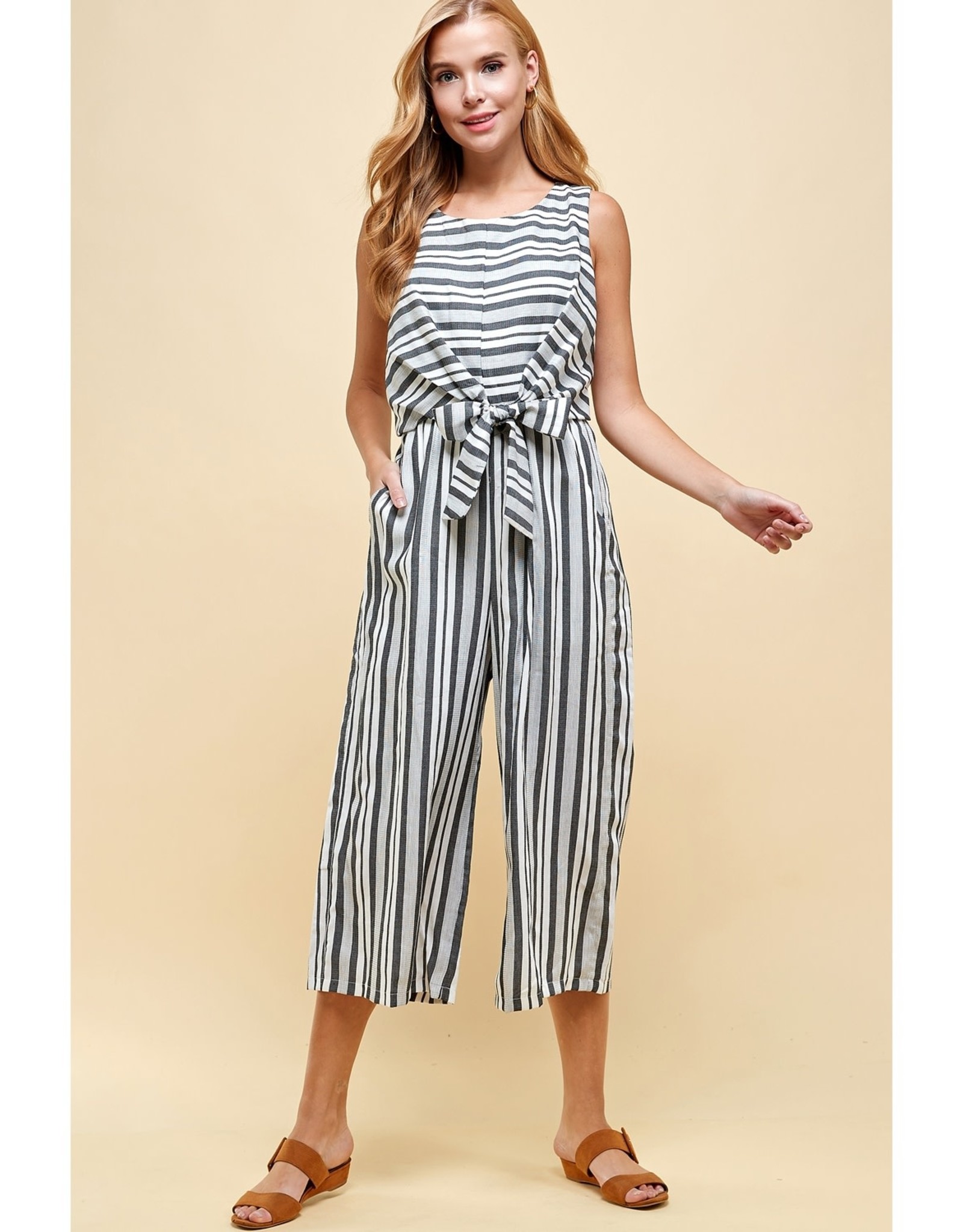 Striped Front Tie Gaucho Jumpsuit