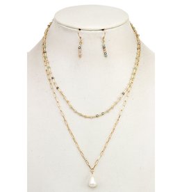 Layered Glass Bead Pearl Pendant Necklace Set - Lt Multi