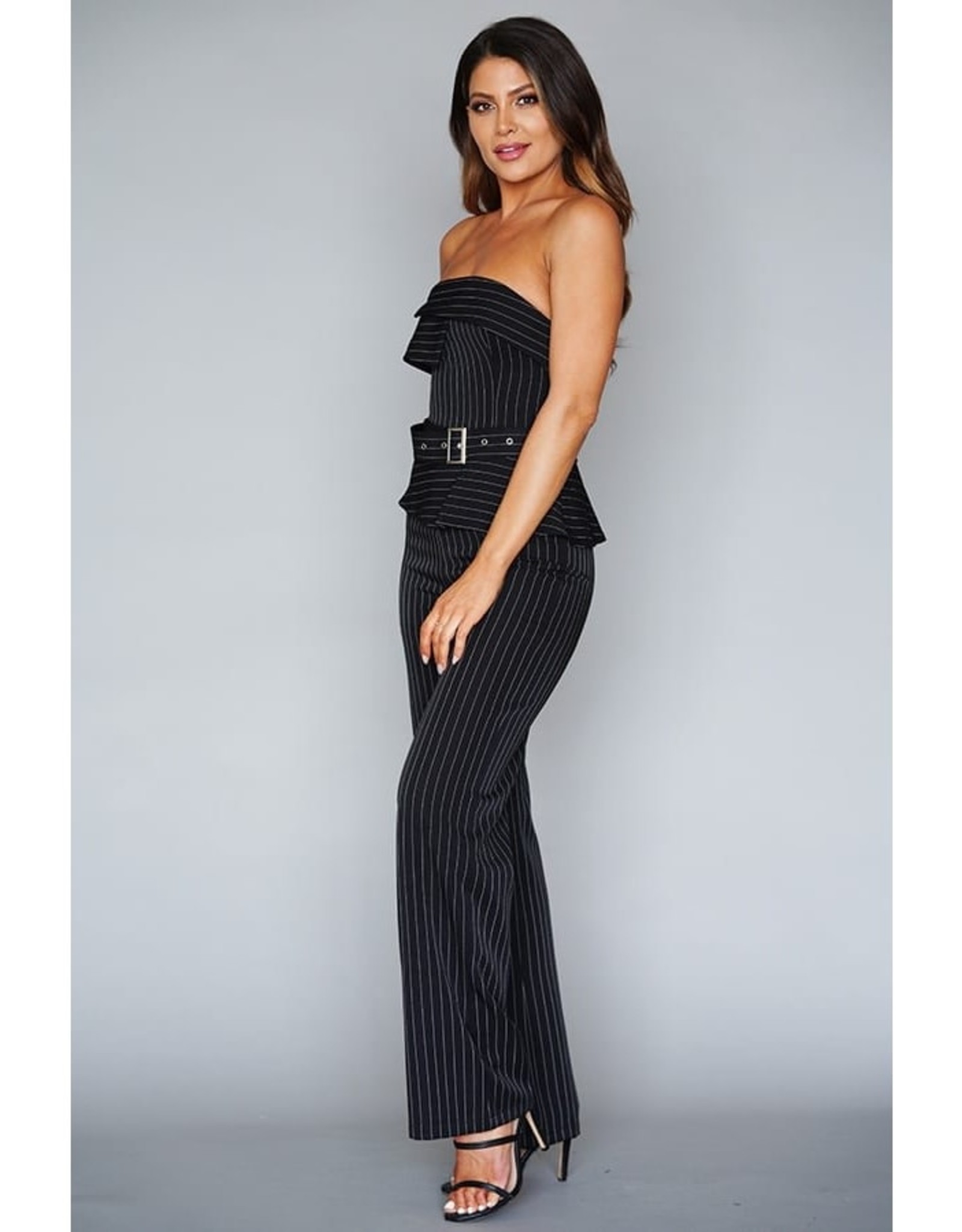 Strapless Pinstripe Tux Jumpsuit