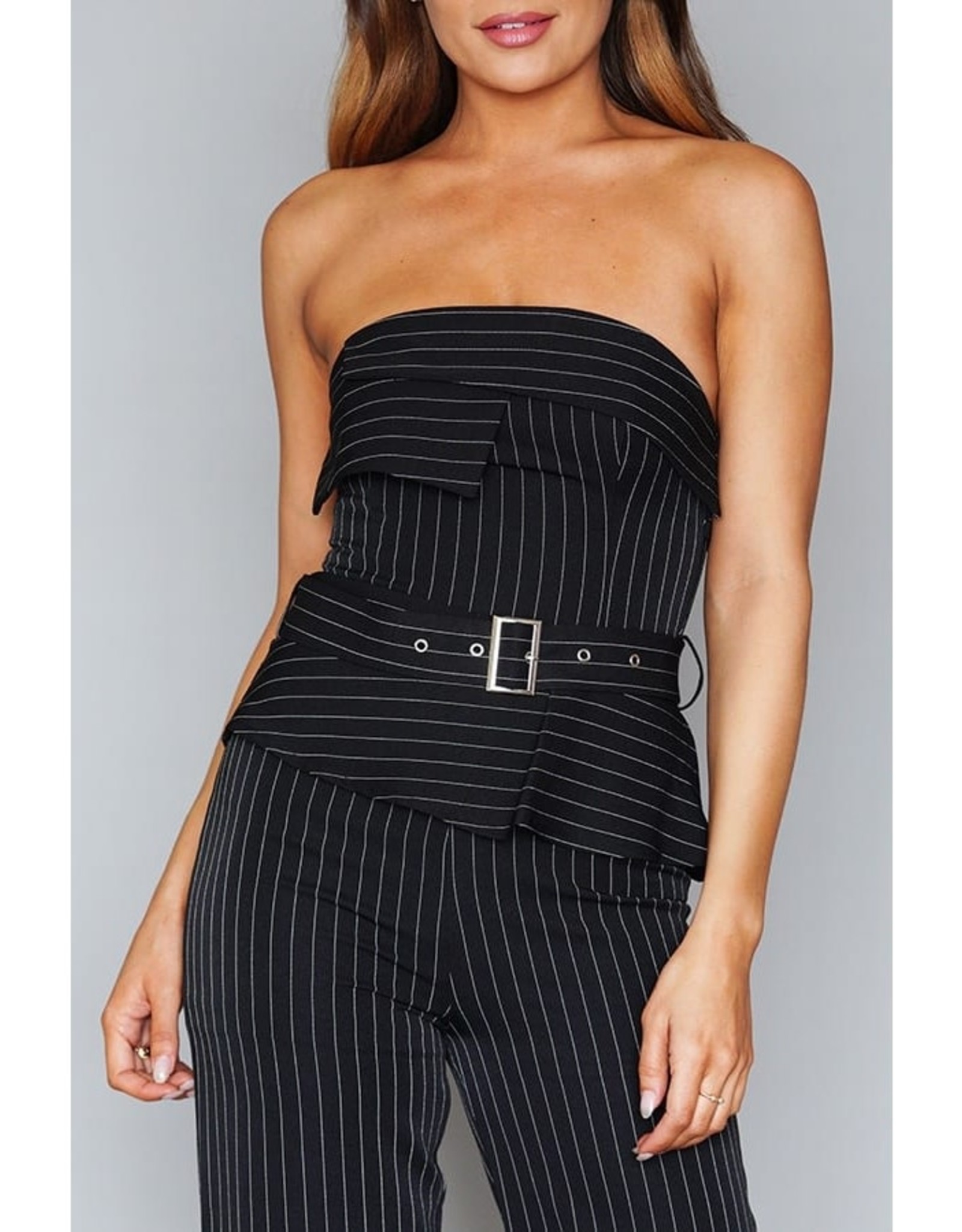 Strapless Pinstripe Tux Jumpsuit