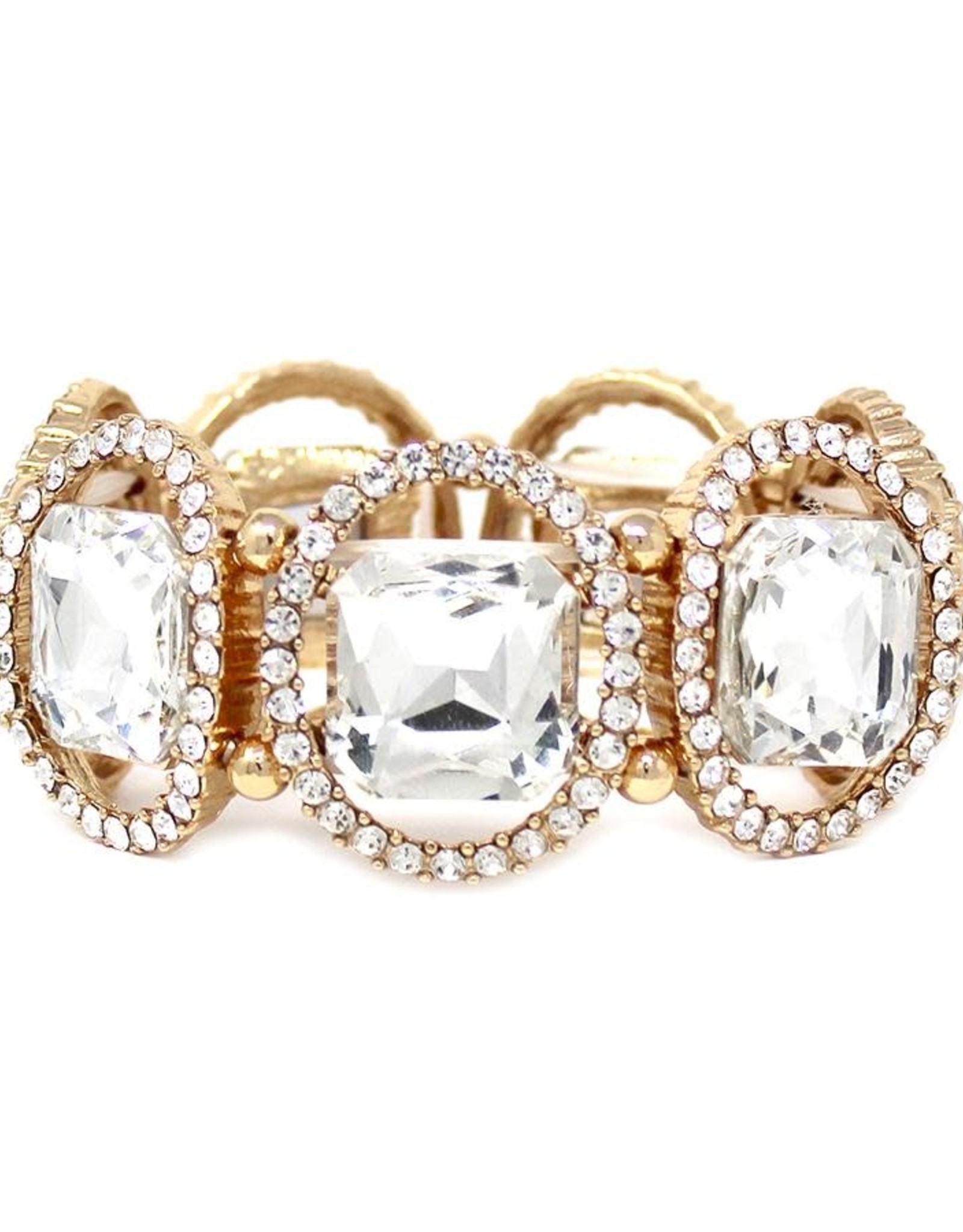 Rhinestone Paved Circle w/Square Shape Glass Stone Stretch Bracelet - Gold/Clear