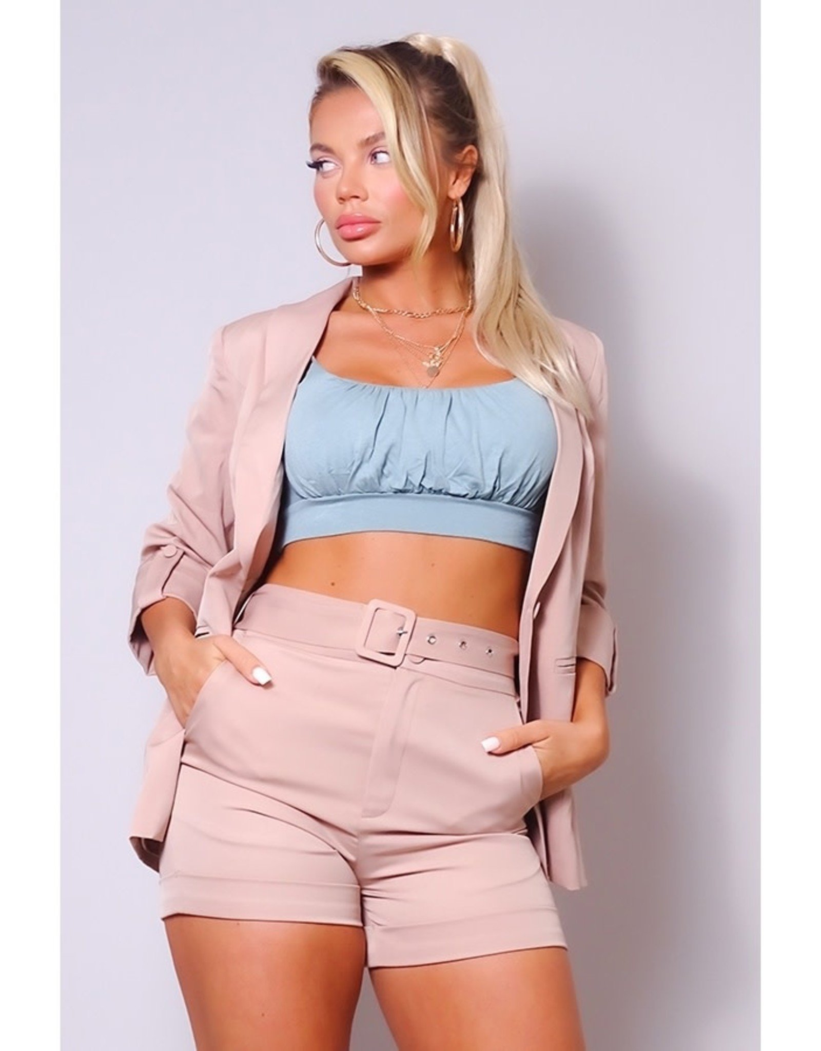 Jacket w/Belted Short Suit Set - Taupe