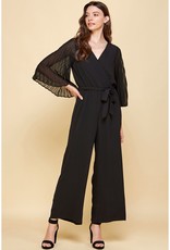 Woven V-Neck Chiffon Pleated Sleeve Jumpsuit