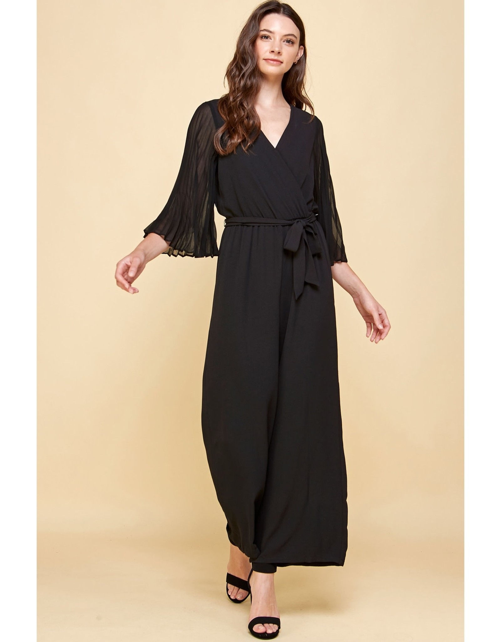 Woven V-Neck Chiffon Pleated Sleeve Jumpsuit