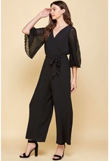 Woven V-Neck Chiffon Pleated Sleeve Jumpsuit