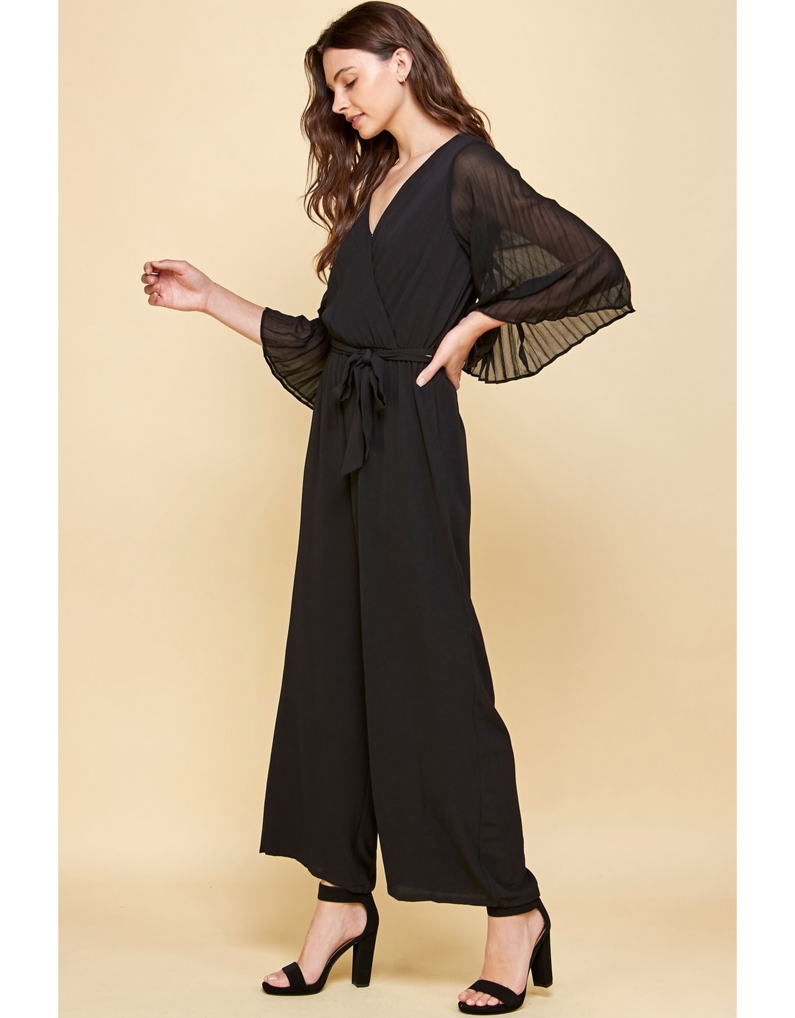 Woven V-Neck Chiffon Pleated Sleeve Jumpsuit