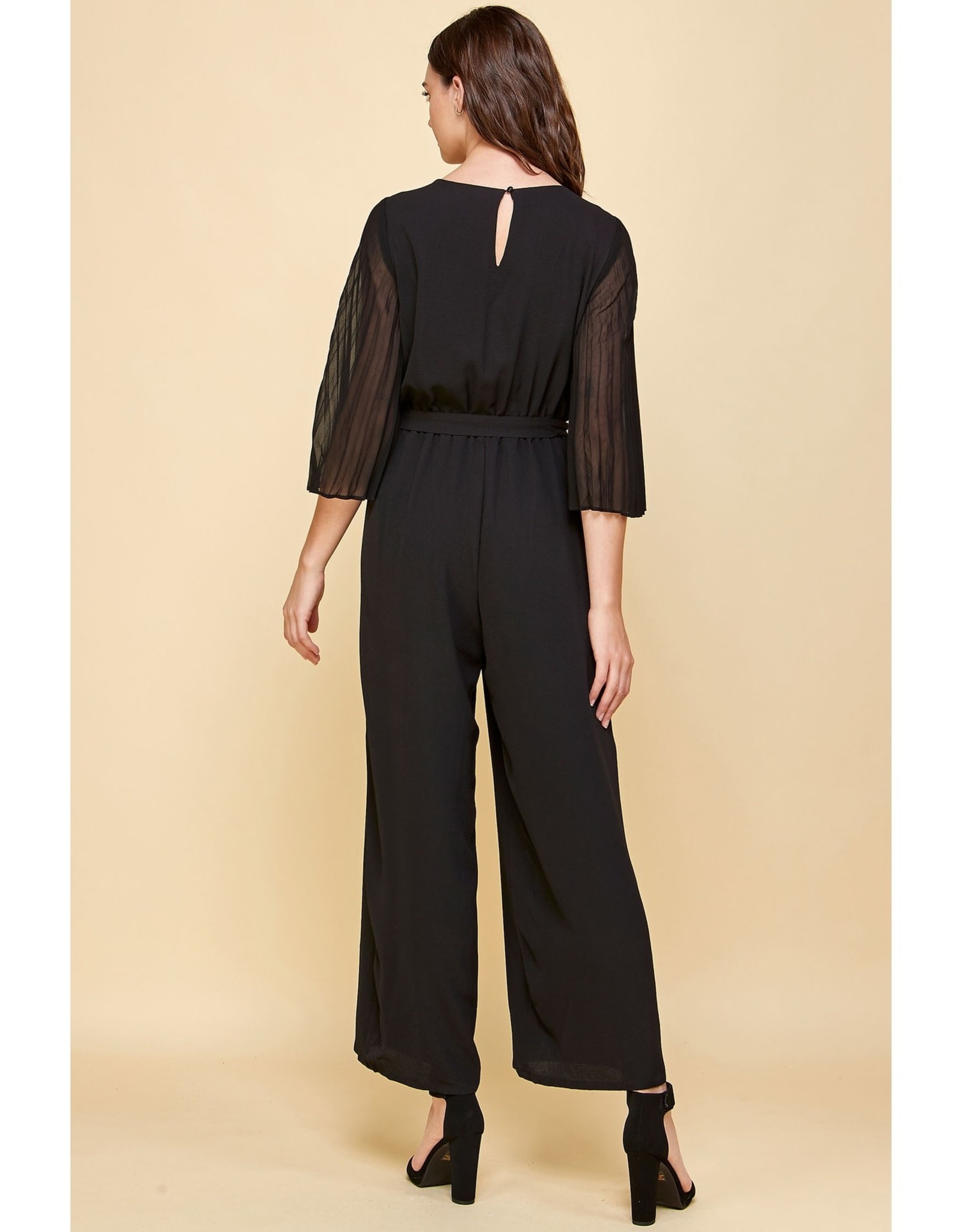 Woven V-Neck Chiffon Pleated Sleeve Jumpsuit