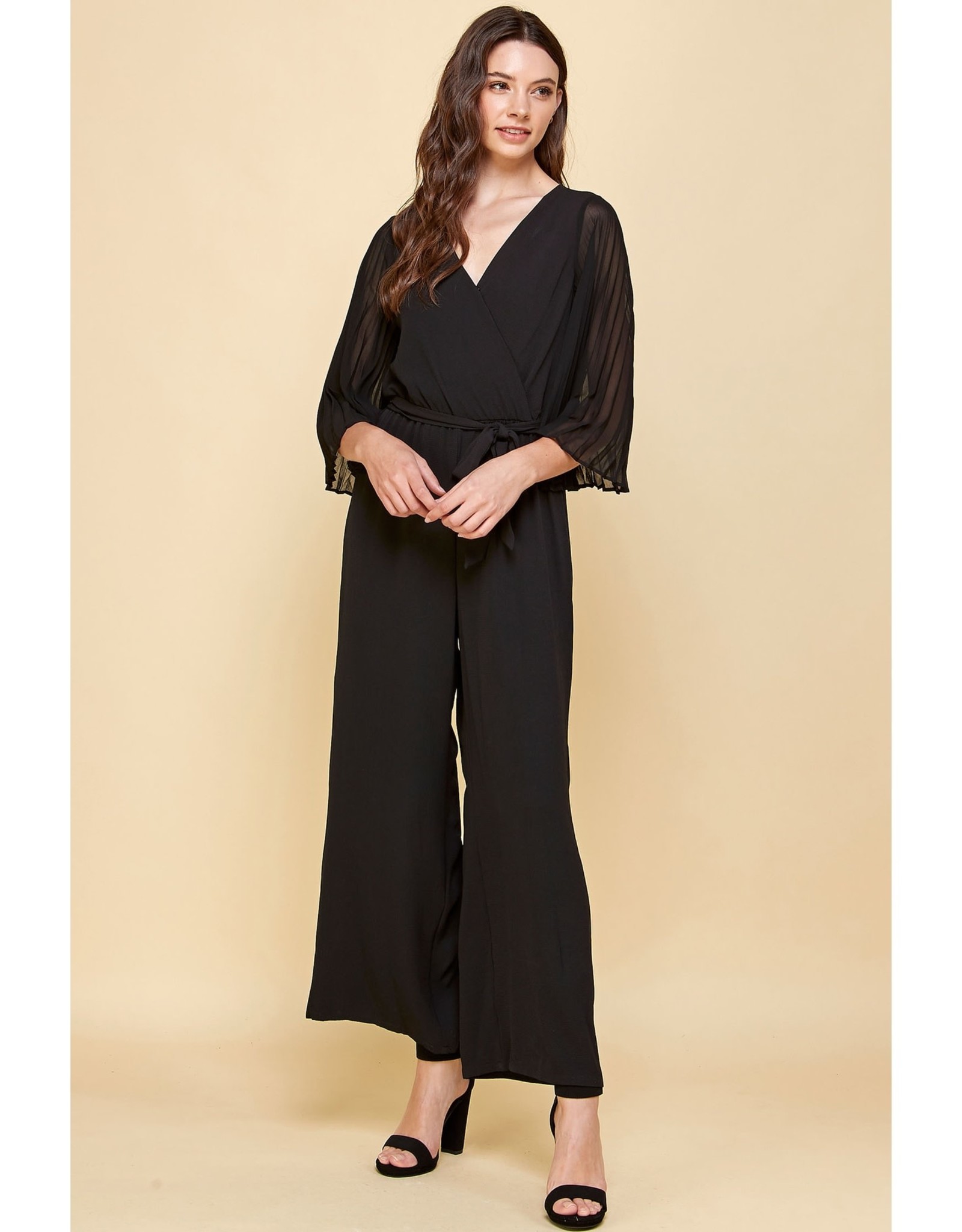 Woven V-Neck Chiffon Pleated Sleeve Jumpsuit