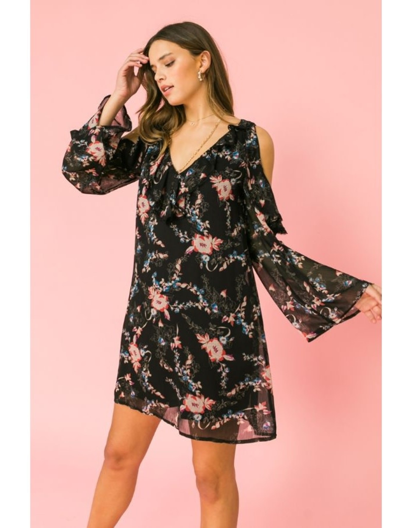 Floral Ruffle Cold Shoulder Dress