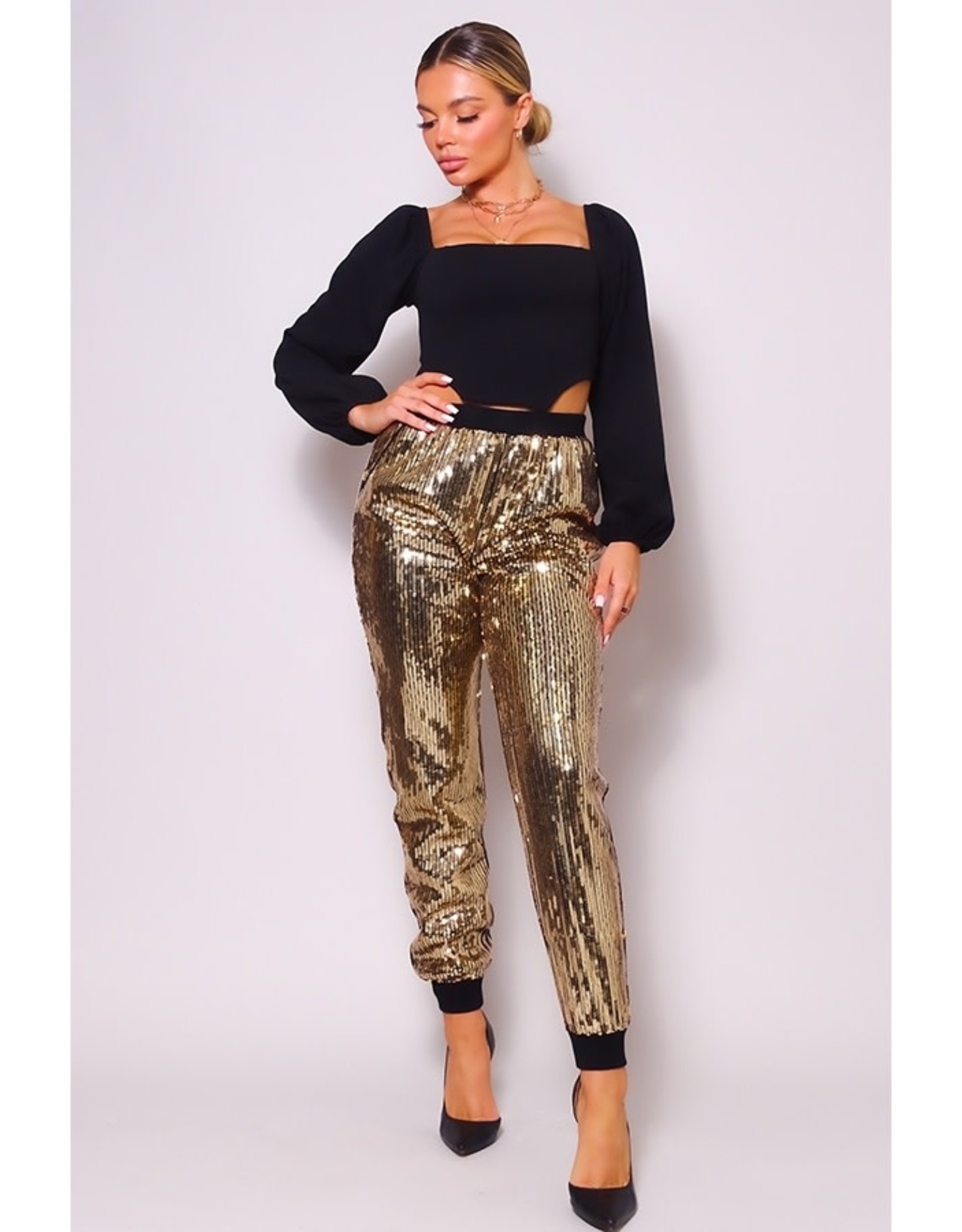 In The Style exclusive sequin jogger in light gold