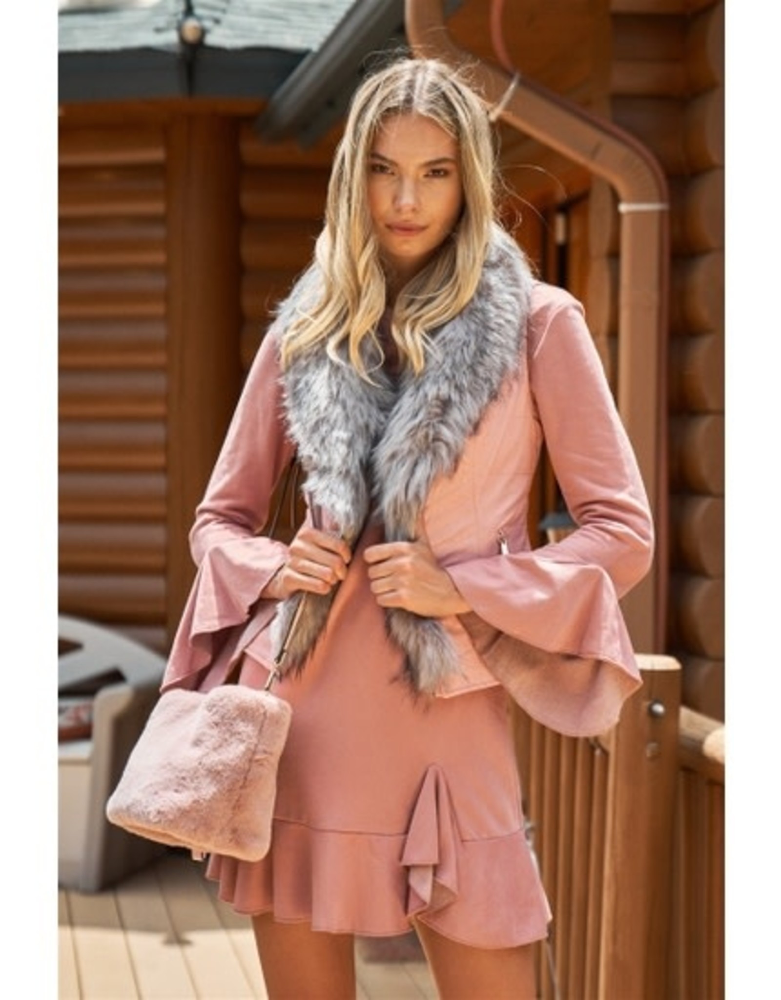 Pink Vegan Leather Faux Fur Trim Back Bow Vest