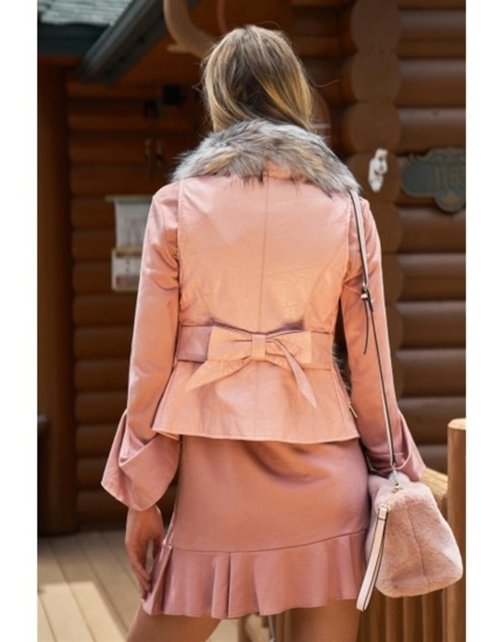 Pink Vegan Leather Faux Fur Trim Back Bow Vest