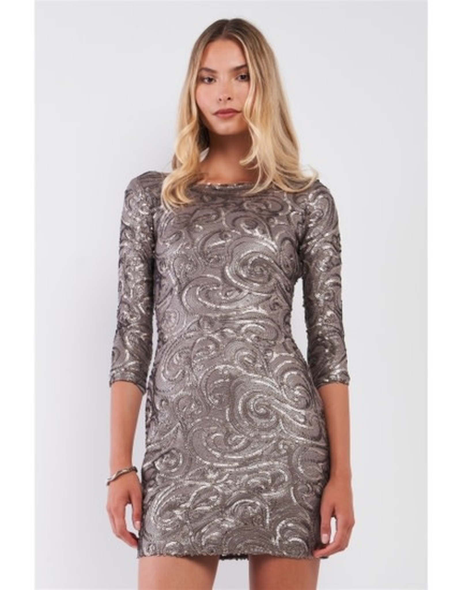 Oxidized Gold Sequin Embroidery Midi Sleeve Dress