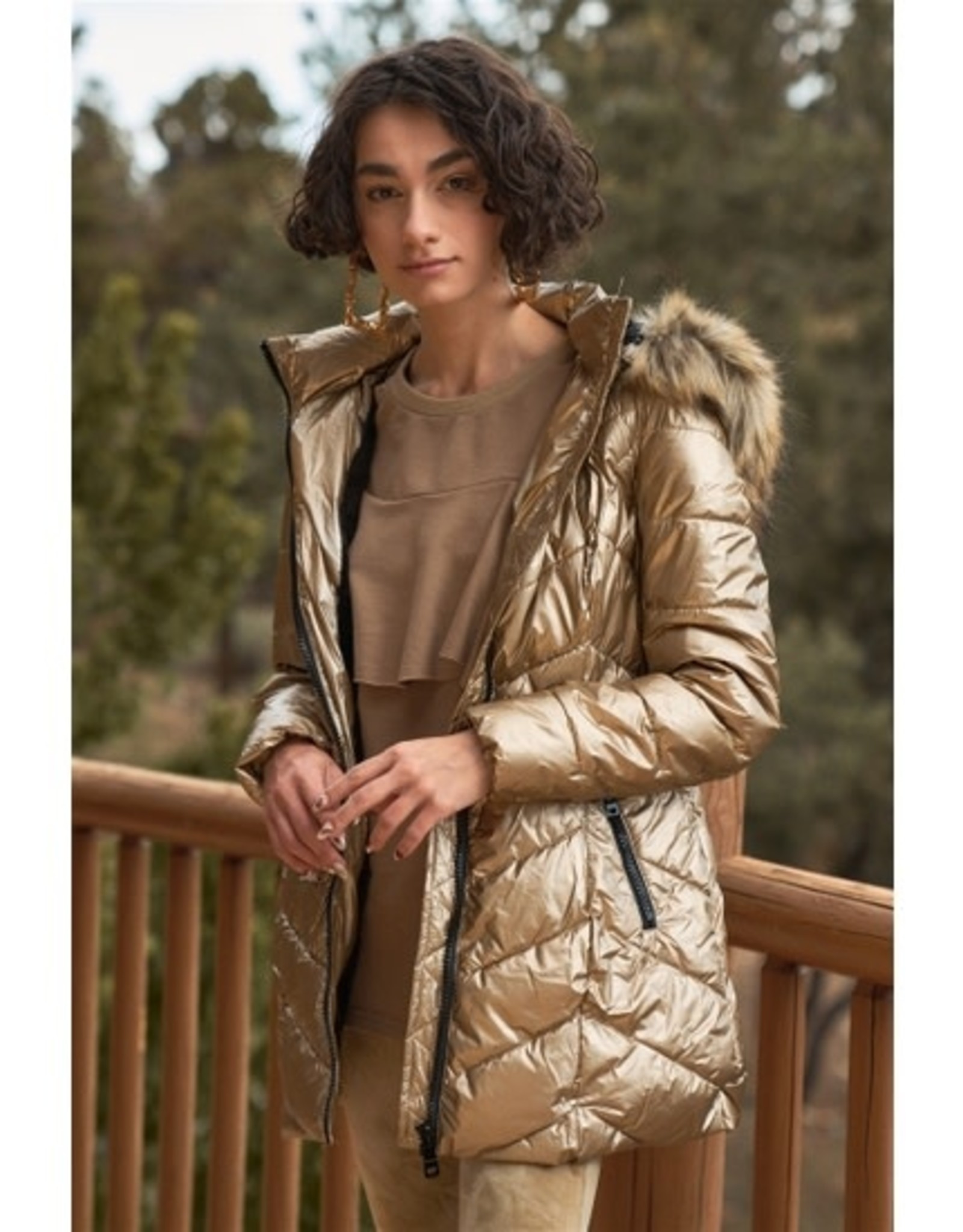 Chevron Puffer Jacket with Faux Fur Hood - Gold