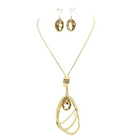 Oval Glass Crystal Triple Abstract Hoop Necklace Earring Set - Gold/Brown