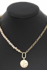 Pearl/Glass Beaded Figaro Link Chain Hammered Metal Coin Pendant Necklace - Peach