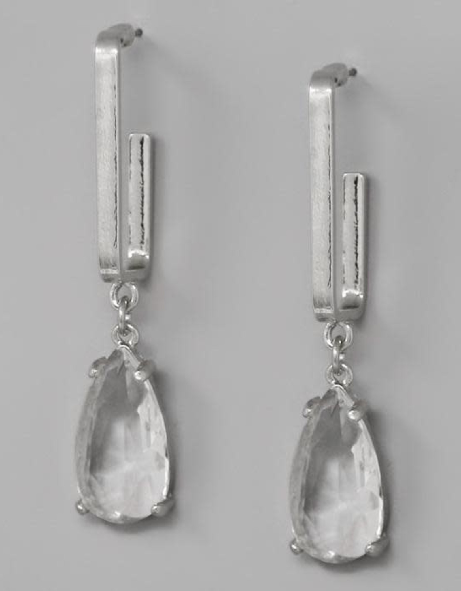 Glass Stone Teardrop Rectangular Hoops - Rhodium